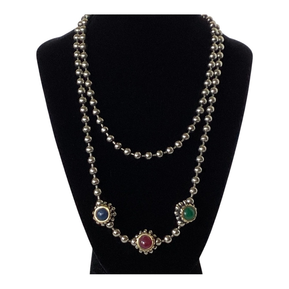Gripoix Style Silver Tone Bead Ball Chain Multicolor 3 Ball Pendant 18" Necklace - Picture 11 of 16